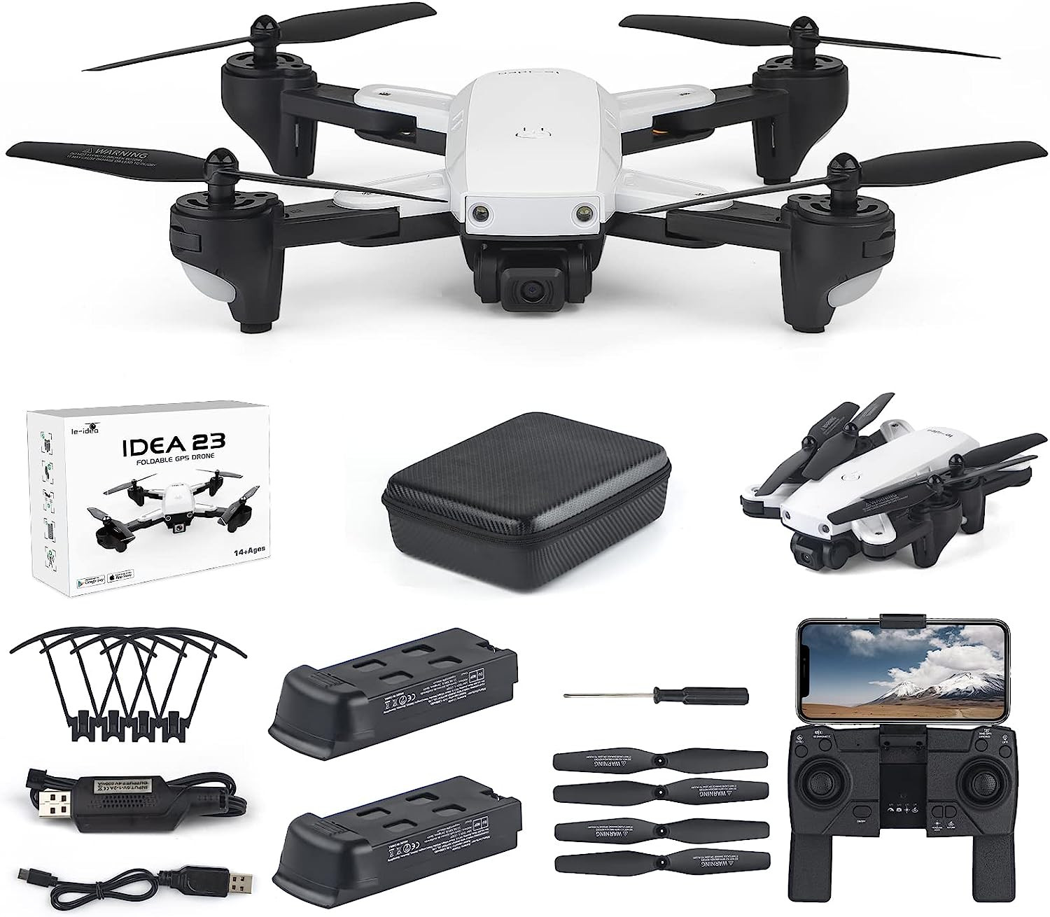 IDEA23 Drone GPS Pliable avec Caméra1080P pour Adulte/Débutants, Quadricoptère RC Professionnelle 5GHz WiFi FPV, Mode sans Tête, follow me, 2 Batteries